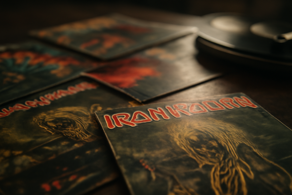 Koleksi piringan hitam album heavy metal awal di atas meja kayu dengan turntable di latar belakang