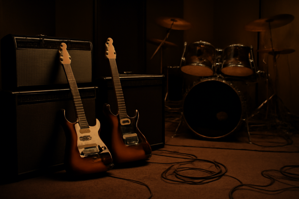 Gitar listrik dan amplifier di studio rekaman bernuansa gelap
