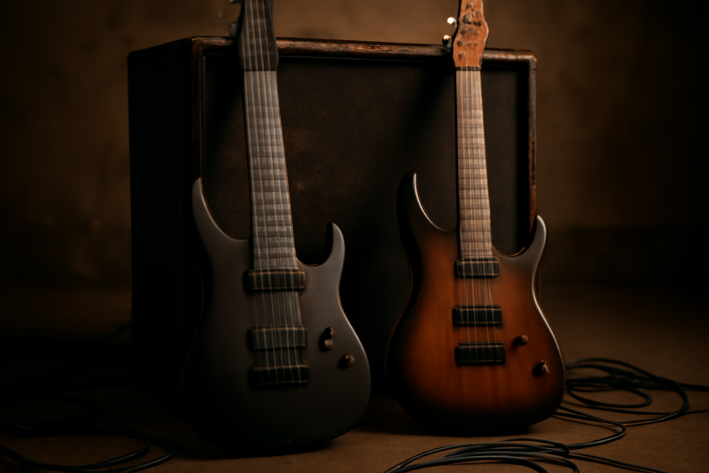 Dua gitar listrik bersandar di dekat amplifier di ruang latihan sebagai ilustrasi perbedaan nu metal dan metalcore