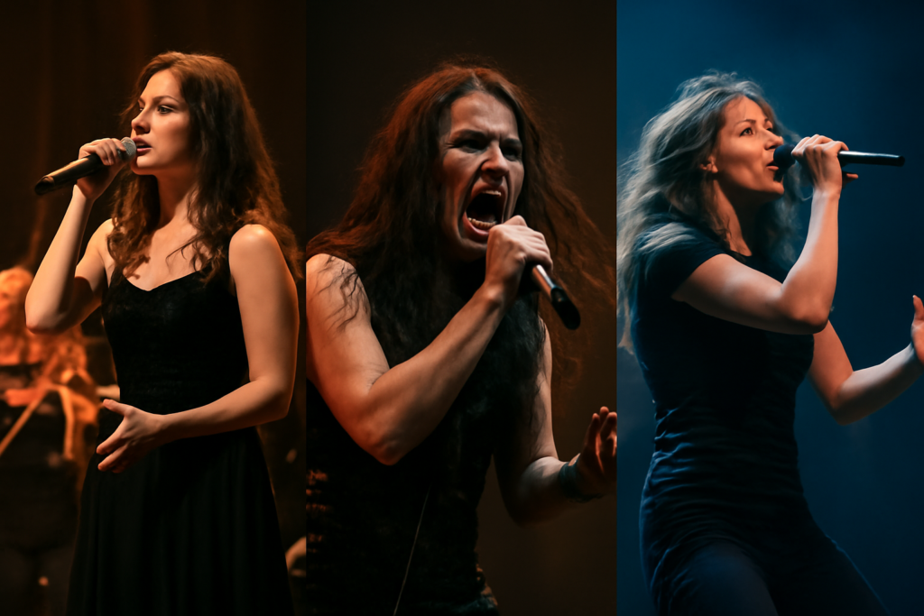 Tiga vokalis perempuan band metal tampil di panggung dengan gaya berbeda: simfonik, death metal, dan progresif