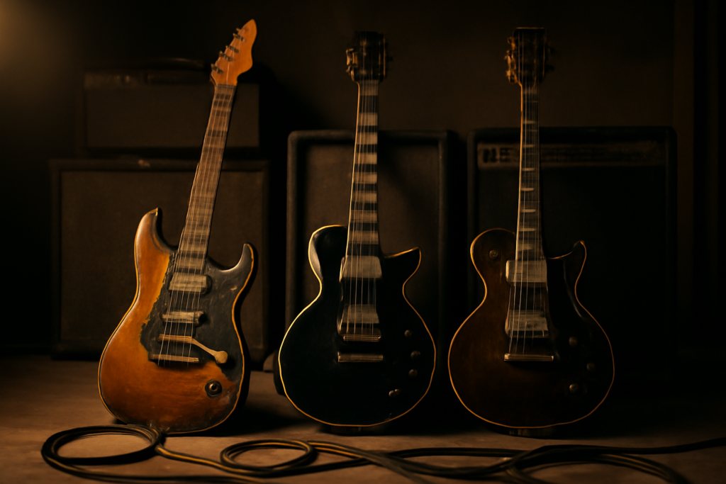 Tiga gitar listrik bersandar di amplifier dalam ruang latihan, mewakili thrash, speed, dan power metal