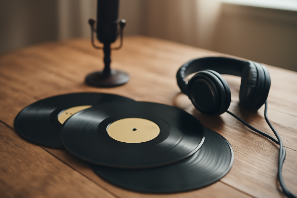 Tiga piringan hitam dan headphone di atas meja kayu sebagai ilustrasi perbandingan band metal
