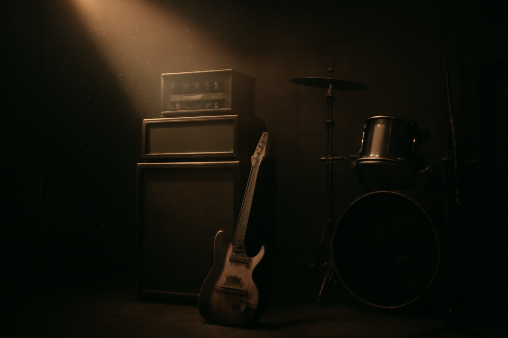 Ruangan latihan band dengan tumpukan amplifier gitar dan drum kit di bawah cahaya hangat