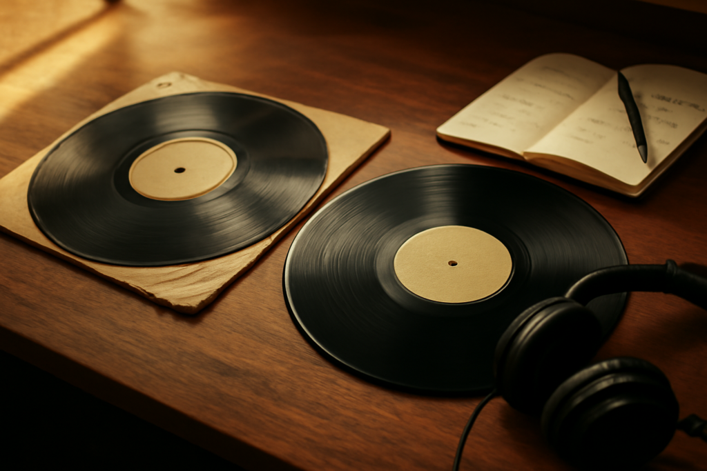 Dua piringan hitam album metal berjajar di meja kayu dengan headphone dan catatan tangan