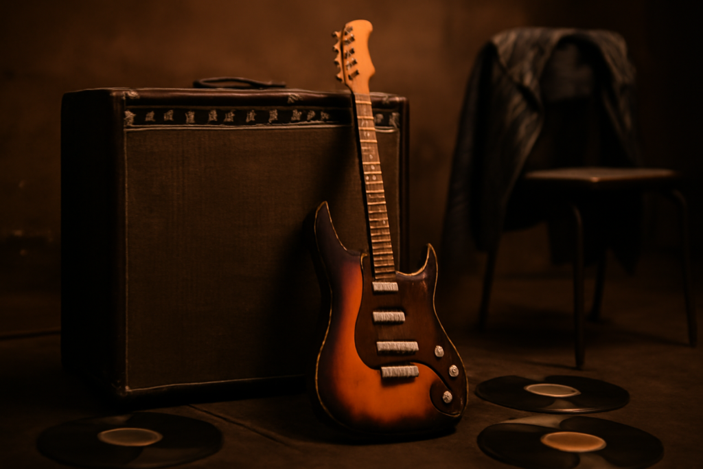 Gitar listrik dan amplifier di ruang latihan sebagai simbol sejarah metal dari akar blues