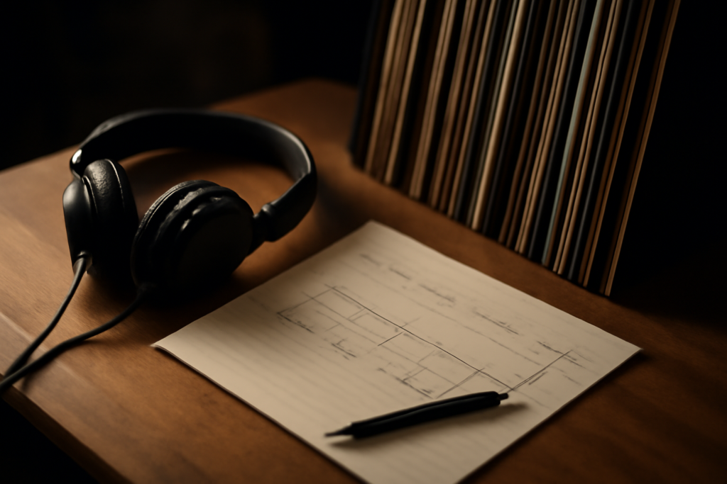 Meja dengan headphone, catatan garis waktu, dan beberapa piringan hitam untuk menelusuri pengaruh musik