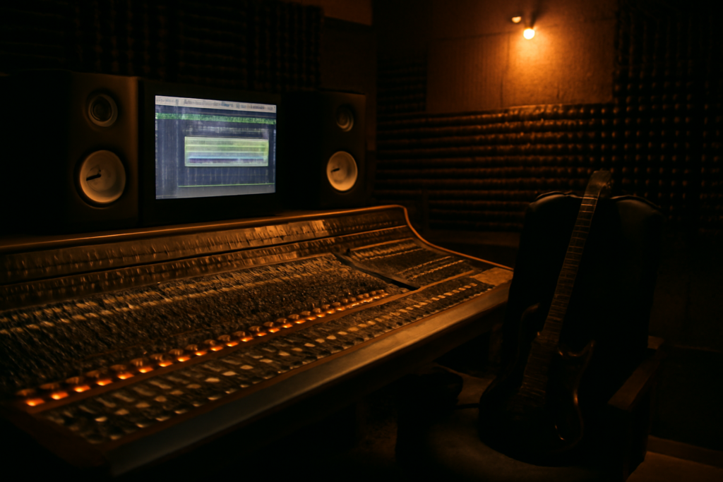 Ruangan kontrol studio rekaman dengan konsol mixing analog saat sesi produksi album metal