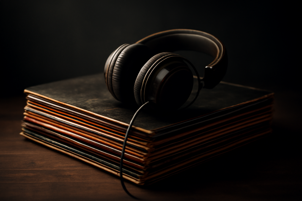 Tumpukan piringan hitam dan headphone di atas meja kayu gelap untuk mendengarkan metal